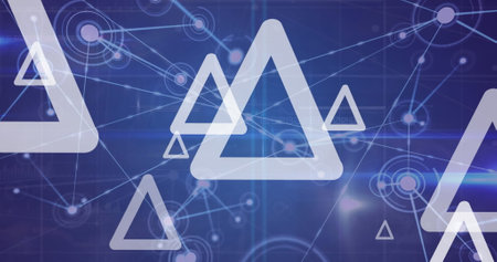 Image of triangles over network of connections on blue background. Global connections, computing and digital interface concept digitally generated image.の写真素材
