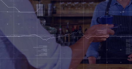 Image of data processing over diverse people ordering coffee. Global technology, finances and digital interface concept digitally generated image.の写真素材