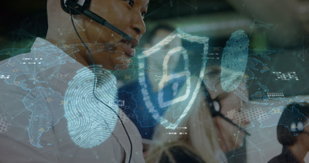 Image of data processing and padlock over caucasian business people in office. Global business,...