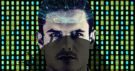 Image of shapes moving over caucasian man. Social media and digital interface concept digitally...