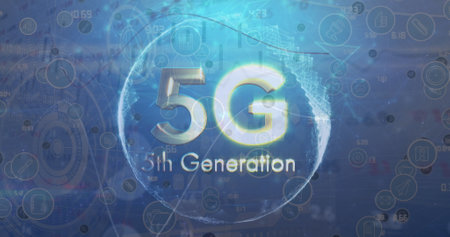Image of 5g 5th generation text over icons and data processing on blue background. Global business and digital interface concept digitally generated image.の写真素材
