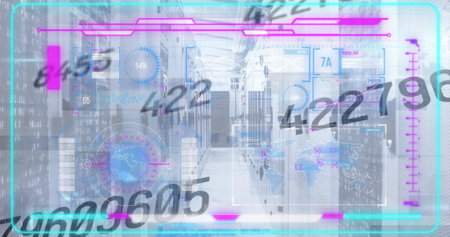 Image of numbers, abstract pattern and infographic interface over server room in background. Digital...