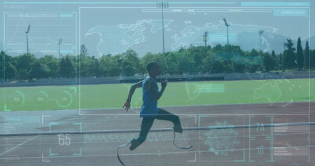 Image of digital screen over african american man with running blade training at stadium....