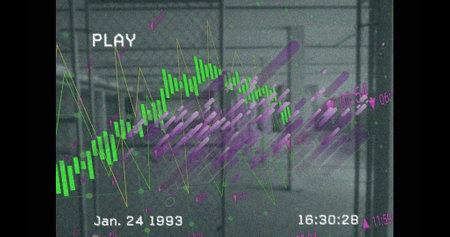 Image of interference with purple lines and data processing over building interior. Global...