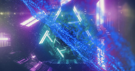 Image of illuminated triangular shapes rotating and blue dots forming line. Digitally generated,...