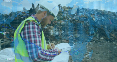 Image of graph and map over caucasian worker holding clipboard and walking in dumping yard. Digital composite, multiple exposure, report, finance, global, waste, garbage and recycling concept.の写真素材