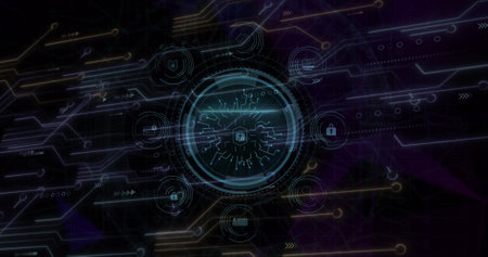 Image of cyber security text, data processing and scope with computer circuit board. Global online security, computing and data processing concept digitally generated image.の写真素材