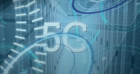 Image of text and scope scanning over computer servers. Data storage and business technology...