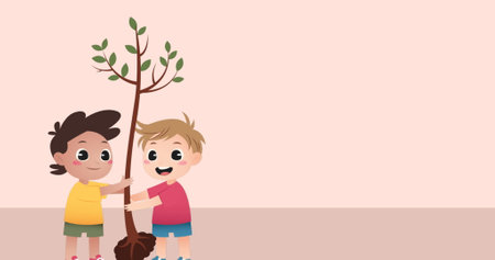 Image of boys with plant icon on beige background. Universal childrens day and celebration concept digitally generated image.の写真素材