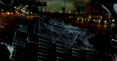 Image of interface with data processing against city traffic at night. Computer interface and...