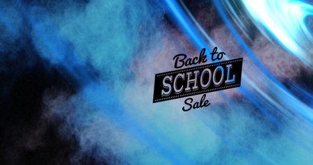 School sale banner floating over colorful smoky background. Bright blue and white light swirls around dark textの写真素材