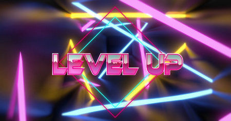 Image of level up text over neon lines. Social media, technology and digital interface concept...