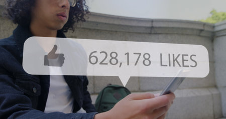 Image of subscribe and like over delivery caucasian woman with smartphone and cardboard businessmen....