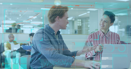 Image of data processing over diverse business people in office. Global business and digital...