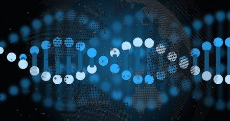 Image of dna strands spinning over globe and data processing. Global science, data processing and connections concept digitally generated image.の写真素材