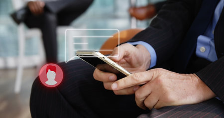 Image of technology icons over hands of caucasian man working on computer. Global business...