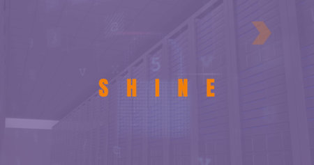 Image of shine text and data processing over server room. Global technology, social media and...