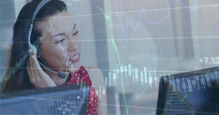 Image of data processing over biracial businesswoman in office. Global business and digital...