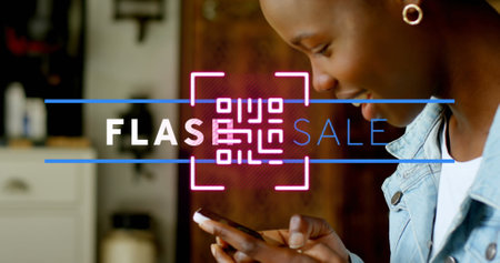 Image of flash sale text and qr code over african american woman using smartphone. Social media and...