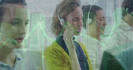Image of data processing over diverse business people in office. Global business and digital...