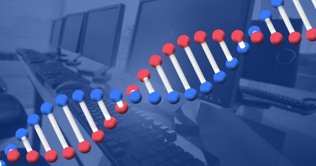 Image of dna structure spinning over close up of desks at office. Medical research and business technology conceptの写真素材