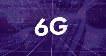 Image of 6g text with data processing over hands typing on keyboard. Global technology, social media and digital interface concept digitally generated image.の写真素材