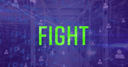 Image of fight text and network of connetcions with data processing over server room. Global technology, social media and digital interface concept digitally generated image.の写真素材