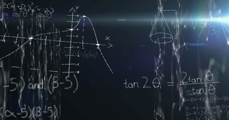 Image of mathematical equations over network of connections on black background. Global education, science and digital interface concept digitally generated image.の写真素材