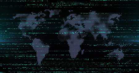 Image of spots over world map on black background. Global finances, computing and digital interface concept digitally generated image.の写真素材