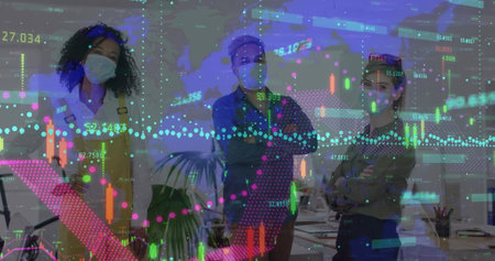 Image of financial data processing over business people in face masks in office. Global covid 19...