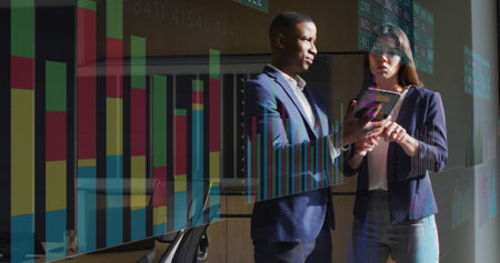 Image of financial data processing over diverse businesspeople in office. Global business, finances,...