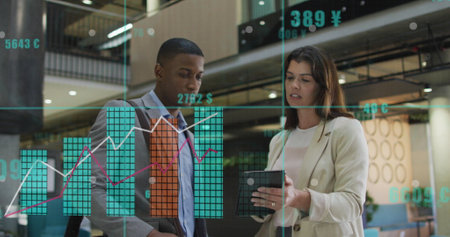 Image of financial data processing over diverse businesspeople in office. Global business, finances,...