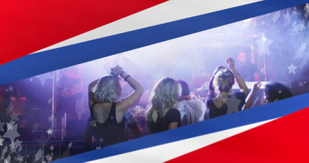 Image of american flag elements over diverse audience, singer and musicians performing. America, elections, voting, music, entertainment, celebration and patriotism, digitally generated image.の写真素材