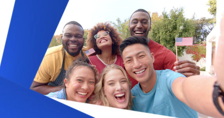 Image of go vote text and american flag with happy diverse friends celebrating and waving flags. America, elections, government, voting, celebration and patriotism, digitally generated image.の写真素材