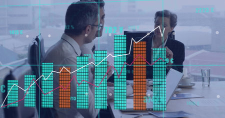 Image of financial data processing over diverse business people in office. Global business,...