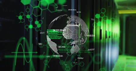 Image of molecule structures, computer language, numbers around globe over server room. Digital...