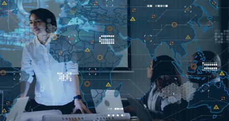 Image of data processing and statistics over diverse businesspeople in office. Global business,...