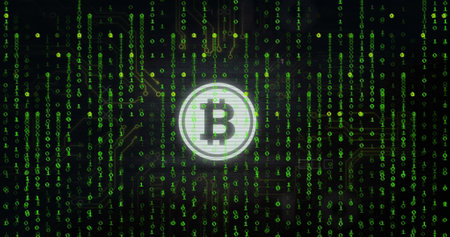 Image of bitcoin icon over binary coding data processing. Global cryptocurrency, cyber security,...