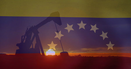 Image of oil barrels and flag of venezuela. Global finance, business, connections, computing and data processing concept digitally generated image.の写真素材