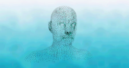 Image of human head formed with binary coding spinning over blue background. science and research...