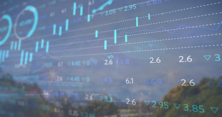 Image of financial data processing over cityscape. Global business, finance, connections, computing...