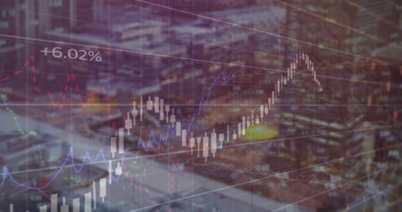 Image of financial data processing over cityscape. Global business, finance, connections, computing...