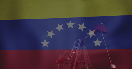 Image of oil rig and flag of venezuela. Global finance, business, connections, computing and data processing concept digitally generated image.の写真素材