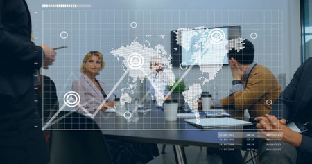 Image of data processing and statistics over diverse businesspeople in office. Global business, finance, computing and data processing concept digitally generated image.の写真素材