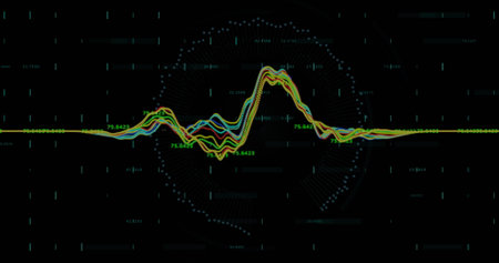 Image of data processing over security padlock on round scanner against black background. Cyber...