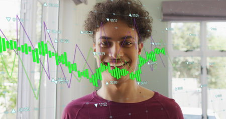 Image of multiple graphs with changing numbers over smiling biracial man. Digital composite, multiple exposure, report, close up, portrait, growth, digits and business concept.の写真素材