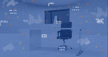 Image of financial data processing over office with computer on desk and chair. Global finance, business, connections, computing and data processing concept digitally generated image.の写真素材