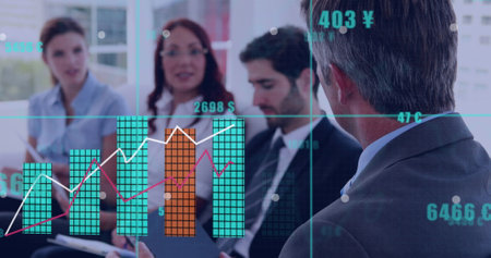 Image of financial data processing over diverse business people in office. Global business,...
