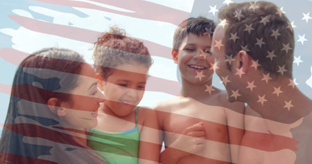 Image of waving usa flag over happy caucasian family. National patriotism concept digital generated...