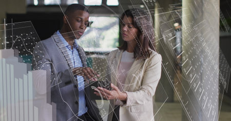 Image of financial data processing over diverse businesspeople in office. Global business, finances,...